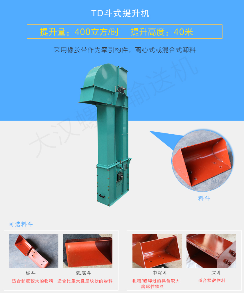 TD斗式提升機采用橡膠帶為牽引件，具有噪音小、成本底的優點，根據不同物料可配置不同料斗：Q型(淺斗)、H型(弧底斗)、ZD型(中深斗)以及SD型(深斗)